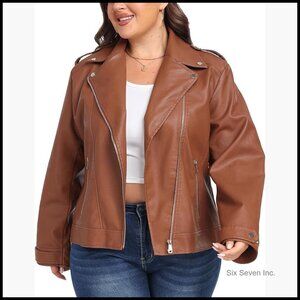 Women's Plus Size Faux Leather Moto Jacket with Lapel Collar